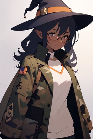 (anime:1.3)(illustration:1.3)Beautiful woman,happy,glasses,dark skin,pointy ears,,witch,halloween costume,camouflage military coat.