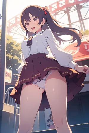 (illustration:1.3)(animation:1.3)2girls,yuri,medium breasts,aroused,blouse,frilled skirt,Lace Panties,from below,amusement park.