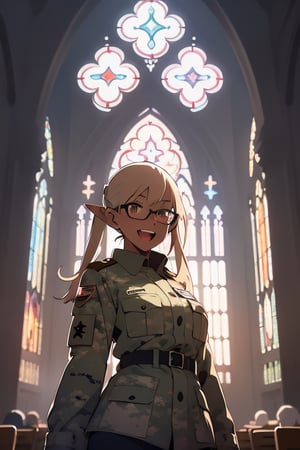 (anime:1.3)(illustration:1.3)1woman,glasses,pointed ears,happy,open mouth,alpenglow,dark skin,Camouflage pattern military coat,Cathedral stained-glass windows.