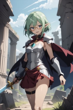 (anime:1.5)(illustration:1.3)1women,glasses,light green hair,happy,cowboy shot,pointy ears, Knee-length skirt,Silver Chest Armor,Silver Gauntlet, Blue-hilted long sword,with a long sword in his hand,Cape with collar,Ancient ruins.