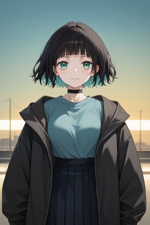 score_9_up,score_8_up, source_anime,solo,1girl,short-hair,multicolored_hair,bangs,skirt,shirt,black hair, long sleeves, green eyes, standing,jacket, upper_body, pleated_skirt, open clothes, hood, blunt bangs, black jacket,choker,Nira-Chan,