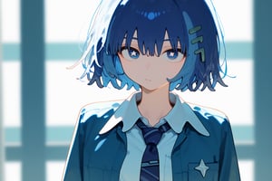 solo,1girl, short hair, closed mouth, blue hair, collared_shirt,white_shirt,tie, cowboy_shot,school,

,Nira-Chan, masterpiece, best quality, amazing quality, very aesthetic, absurdres, depth of field, score_9, score_8, score_7, score_6