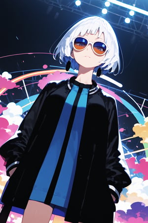 solo,1girl,short-hair,bangs,long_sleeves,blue_dress,short_dress,standing,jacket,white_hair,blunt_bangs,black_jacket,sunglasses,cowboy_shot,dutch_angle,


,Nira-Chan,Colorful art,Vivid Colors,spot_colors, score_9, score_8, score_7, score_6