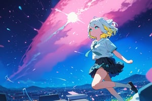 ,solo,1girl, short-hair, multicolor_hair, two-tone-hair, ((white_hair)), yellow_hair, bangs, night, particles, pink sky, background detail, skirt, pleated_skirt, shirt,   necktie, short sleeves, school uniform, floating, ((falling)), letterboxed


,Nira-Chan,Colorful art,Vivid Colors,spot_colors, score_9, score_8, score_7, score_6