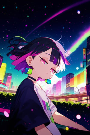 solo,1girl, dutch angle,night,city,short hair, blunt bangs, black hair, closed mouth, pink eyes, purple hair, multicolored hair, two-tone hair,half closed eyes, cowboy_shot ,Nira-Chan-StudyMe,shirt, short sleeves, grey_shirt, choker,earring,from_below,particles,blue sky,background detail,

,Nira-Chan,Colorful art,Vivid Colors,spot_colors, score_9, score_8, score_7, score_6, Nira-Chan-StudyMe