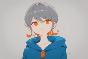 solo,1girl ,expressionless,((grey background, simple background)), upper_body,Nira-Chan,
, short-hair,multicolor_hair,two-tone-hair,(grey_hair),orange_hair,bangs,cowboy_shot,hoodie,pants,orange_eyes, watercolor,score_9_up,score_8_up, source_anime,