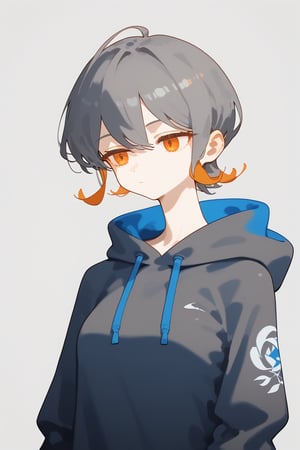 solo,1girl ,expressionless,((grey background, simple background)), upper_body,Nira-Chan,
, short-hair,multicolor_hair,two-tone-hair,(grey_hair),orange_hair,bangs,cowboy_shot,grey_hoodie,pants,orange_eyes, watercolor,score_9_up,score_8_up, source_anime,