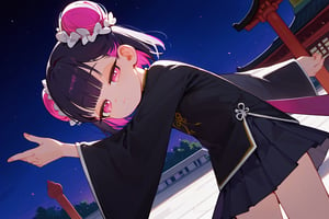 score_9_up,score_8_up, source_anime, (solo),1girl, vanishing point,atmospheric perspective, dutch angle,three quarter view,night,

 ,short hair, blunt bangs, black hair, closed mouth, pink eyes, purple hair, multicolored hair, two-tone hair,half closed eyes,skinny,hair_bun,double bun,chinese clothes,wide sleeves,pleated skirt,long sleeves,(shirt,black shirt),skirt,dress,


,Nira-Chan-StudyMe