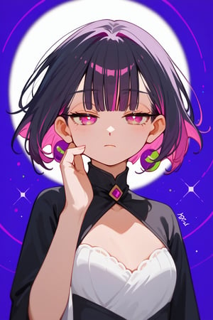 score_9_up,score_8_up, source_anime, (solo),1girl,error,simple_background,purple_background,

 ,short hair, blunt bangs, black hair, closed mouth, pink eyes, purple hair, multicolored hair, two-tone hair,half closed eyes,upper_body,hands_down

,Nira-Chan-StudyMe,