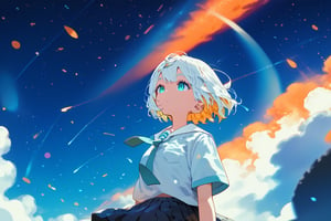 ,solo,1girl, short-hair, multicolor_hair, two-tone-hair, ((white_hair)), yellow_hair, bangs, cowboy_shot, dutch_angle, from_below, night, particles, orange sky, background detail, standing, skirt, pleated_skirt, shirt,   necktie, short sleeves, school uniform


,Nira-Chan,Colorful art,Vivid Colors,spot_colors, score_9, score_8, score_7, score_6