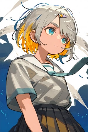 solo,1girl ,expressionless,Nira-Chan,
, short-hair, multicolor_hair, two-tone-hair, ((white_hair)), yellow_hair, blue eyes, bangs,skirt, pleated_skirt, shirt, necktie, short sleeves, school uniform, watercolor,score_9_up,score_8_up, source_anime,