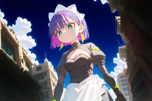 score_9_up,score_8_up, source_anime,solo,1girl, short hair, gloves, purple hair, multicolored hair, black gloves, maid headdress, earrings, dutch_angle,standing, from below,abandoned city, Nira-Chan