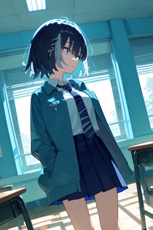 solo,1girl, short hair, closed mouth, collared_shirt,white_shirt,tie,school,dutch_angle,skirt,pleated_skirt, room, school,jacket,


,Nira-Chan,Colorful art,Vivid Colors,spot_colors, score_9, score_8, score_7, score_6