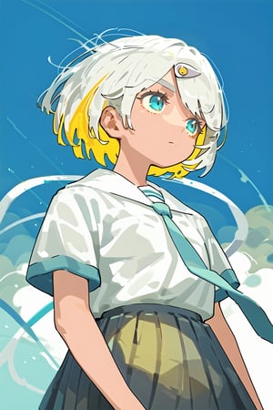 solo,1girl ,expressionless,Nira-Chan,
, short-hair, multicolor_hair, two-tone-hair, ((white_hair)), yellow_hair, blue eyes, bangs,skirt, pleated_skirt, shirt, necktie, short sleeves, school uniform, watercolor,score_9_up,score_8_up, source_anime,