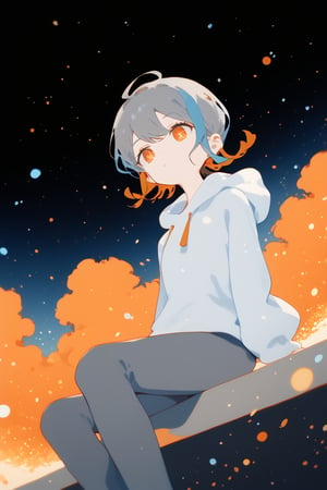 ,solo,1girl,short-hair,multicolor_hair,two-tone-hair,(grey_hair),orange_hair,bangs,cowboy_shot,grey_hoodie,pants,dutch_angle,from_below,night,sitting,orange_eyes,particles,orange sky,background detail,


,Nira-Chan,Colorful art,Vivid Colors,spot_colors, score_9, score_8, score_7, score_6