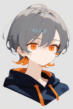 solo,1girl ,expressionless,((grey background, simple background)), upper_body,Nira-Chan,
, short-hair,multicolor_hair,two-tone-hair,(grey_hair),orange_hair,bangs,cowboy_shot,grey_hoodie,pants,orange_eyes, watercolor,score_9_up,score_8_up, source_anime,