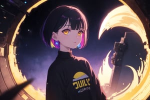 (Original Character, Highest Quality, Amazing Details:1.25),Volumetric Lighting, Best Shadows, Shallow Depth of Field,solo,1girl,

, yellow eyes, black hair, colorful_hair,upper_body,sweater,space,stars,void,
,hanabushi,vanishing point,atmospheric perspective, dutch angle,three quarter view,