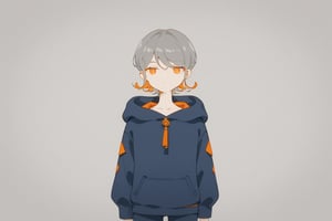 solo,1girl ,expressionless,((grey background, simple background)), upper_body,Nira-Chan,
, short-hair,multicolor_hair,two-tone-hair,(grey_hair),orange_hair,bangs,cowboy_shot,hoodie,pants,orange_eyes, watercolor,score_9_up,score_8_up, source_anime,