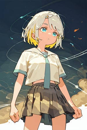 solo,1girl ,expressionless,Nira-Chan,
, short-hair, multicolor_hair, two-tone-hair, ((white_hair)), yellow_hair, blue eyes, bangs,skirt, pleated_skirt, shirt, necktie, short sleeves, school uniform, watercolor,score_9_up,score_8_up, source_anime,