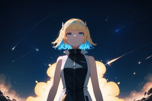 score_9_up,score_8_up, source_anime,solo,1girl, short-hair,blonde hair,blue hair,multicolored hair,two-tone hair,gloves,sleeveless,white gloves,blue eyes,bangs,blunt_bangs,short dress ,expressionless,Nira-Chan,
, sky,night,shooting star,particles,focus_girl,upper_body,SelectiveColorStyle,colorpop glowing yellow and blue