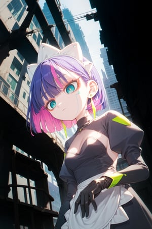 score_9_up,score_8_up, source_anime,solo,1girl, short hair, gloves, purple hair, multicolored hair, black gloves, maid headdress, earrings, dutch_angle,standing, from below,abandoned city, Nira-Chan