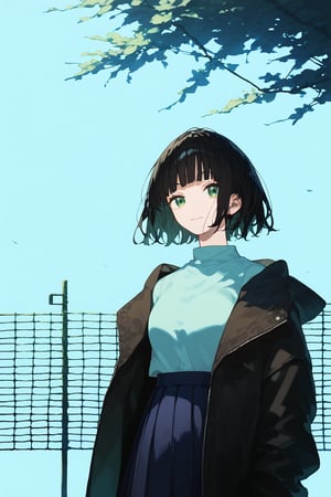 solo,1girl,short-hair,bangs,skirt,shirt,black hair, long sleeves, green eyes, standing,jacket, upper_body, pleated_skirt, outdoors, open clothes, hood, blunt bangs, black jacket, fence,


,Nira-Chan,Colorful art,Vivid Colors,spot_colors, score_9, score_8, score_7, score_6