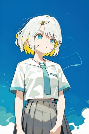 solo,1girl ,expressionless,Nira-Chan,
, short-hair, multicolor_hair, two-tone-hair, ((white_hair)), yellow_hair, blue eyes, bangs,skirt, pleated_skirt, shirt, necktie, short sleeves, school uniform, watercolor,score_9_up,score_8_up, source_anime,