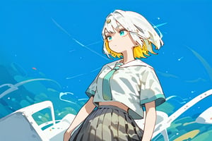 solo,1girl ,expressionless,Nira-Chan,
, short-hair, multicolor_hair, two-tone-hair, ((white_hair)), yellow_hair, blue eyes, bangs,skirt, pleated_skirt, shirt, necktie, short sleeves, school uniform, watercolor,score_9_up,score_8_up, source_anime,