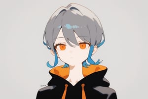 solo,1girl ,expressionless,((grey background, simple background)), upper_body,Nira-Chan,
, short-hair,multicolor_hair,two-tone-hair,(grey_hair),orange_hair,bangs,cowboy_shot,grey_hoodie,pants,orange_eyes, watercolor,score_9_up,score_8_up, source_anime,