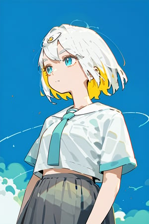 solo,1girl ,expressionless,Nira-Chan,
, short-hair, multicolor_hair, two-tone-hair, ((white_hair)), yellow_hair, blue eyes, bangs,skirt, pleated_skirt, shirt, necktie, short sleeves, school uniform, watercolor,score_9_up,score_8_up, source_anime,