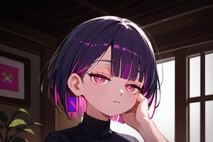 score_9_up,score_8_up, source_anime, (solo),1girl,night,room,

 ,short hair, blunt bangs, black hair, closed mouth, pink eyes, purple hair, multicolored hair, two-tone hair,half closed eyes, portrait,

,Nira-Chan-StudyMe,