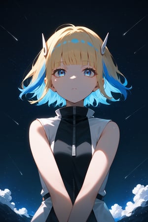 score_9_up,score_8_up, source_anime,solo,1girl, short-hair,blonde hair,blue hair,multicolored hair,two-tone hair,gloves,sleeveless,white gloves,blue eyes,bangs,blunt_bangs,short dress ,expressionless,Nira-Chan,
, sky,night,shooting star,particles,focus_girl,upper_body,SelectiveColorStyle,colorpop glowing yellow and blue