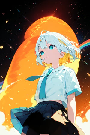 ,solo,1girl, short-hair, multicolor_hair, two-tone-hair, ((white_hair)), yellow_hair, bangs, cowboy_shot, dutch_angle, from_below, night, particles, orange sky, background detail, standing, skirt, pleated_skirt, shirt,   necktie, short sleeves, school uniform


,Nira-Chan,Colorful art,Vivid Colors,spot_colors, score_9, score_8, score_7, score_6