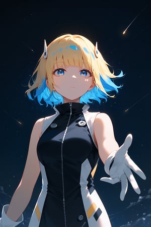 score_9_up,score_8_up, source_anime,solo,1girl, short-hair,blonde hair,blue hair,multicolored hair,two-tone hair,gloves,sleeveless,white gloves,blue eyes,bangs,blunt_bangs,short dress ,expressionless,Nira-Chan,
, sky,night,shooting star,particles,focus_girl,upper_body,SelectiveColorStyle,colorpop glowing yellow and blue