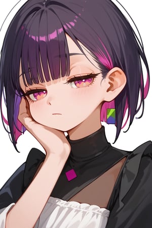 score_9_up,score_8_up, source_anime, (solo),1girl,simple_background,purple_background,

 ,short hair, blunt bangs, black hair, closed mouth, pink eyes, purple hair, multicolored hair, two-tone hair,half closed eyes,upper_body,hands_down

,Nira-Chan-StudyMe,