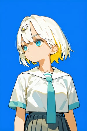 solo,1girl ,expressionless,((blue background, simple background)), upper_body,Nira-Chan,
, short-hair, multicolor_hair, two-tone-hair, ((white_hair)), yellow_hair, blue eyes, bangs,skirt, pleated_skirt, shirt, necktie, short sleeves, school uniform, watercolor,score_9_up,score_8_up, source_anime,