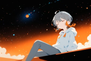 ,solo,1girl,short-hair,multicolor_hair,two-tone-hair,(grey_hair),orange_hair,bangs,cowboy_shot,grey_hoodie,pants,dutch_angle,from_below,night,sitting,orange_eyes,particles,orange sky,background detail,sleeping,


,Nira-Chan,Colorful art,Vivid Colors,spot_colors, score_9, score_8, score_7, score_6