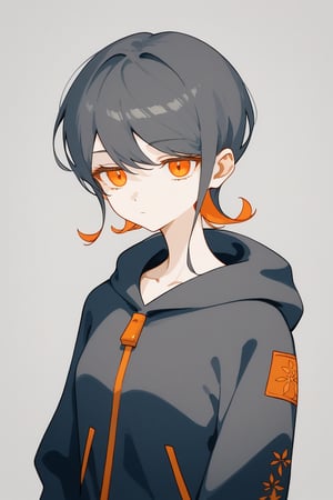 solo,1girl ,expressionless,((grey background, simple background)), upper_body,Nira-Chan,
, short-hair,multicolor_hair,two-tone-hair,(grey_hair),orange_hair,bangs,cowboy_shot,hoodie,pants,orange_eyes, watercolor,score_9_up,score_8_up, source_anime,