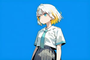 solo,1girl ,expressionless,((blue background, simple background)), upper_body,Nira-Chan,
, short-hair, multicolor_hair, two-tone-hair, ((white_hair)), yellow_hair, blue eyes, bangs,skirt, pleated_skirt, shirt, necktie, short sleeves, school uniform, watercolor,score_9_up,score_8_up, source_anime,