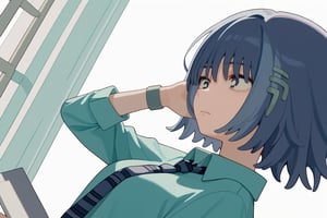 score_9_up,score_8_up, source_anime,solo,1girl, , short hair, closed mouth, blue hair, collared_shirt,white_shirt,tie,Nira-Chan