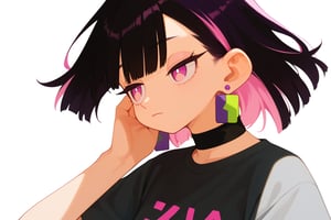 score_9_up,score_8_up, source_anime, solo,1girl, ,short hair, bangs, simple background, shirt, black hair, jewelry, closed mouth, standing, purple eyes, pink hair, purple hair, short sleeves, multicolored hair, earrings, choker, pink eyes, white background, two-tone hair, grey shirt, ,Nira-Chan-StudyMe,

