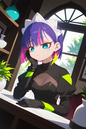 score_9_up,score_8_up, source_anime,solo,1girl, short hair, gloves, purple hair, multicolored hair, black gloves, maid headdress, earrings,indoors, dutch_angle, Nira-Chan