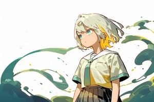 solo,1girl ,expressionless,Nira-Chan,
, short-hair, multicolor_hair, two-tone-hair, ((white_hair)), yellow_hair, blue eyes, bangs,skirt, pleated_skirt, shirt, necktie, short sleeves, school uniform, watercolor,score_9_up,score_8_up, source_anime,