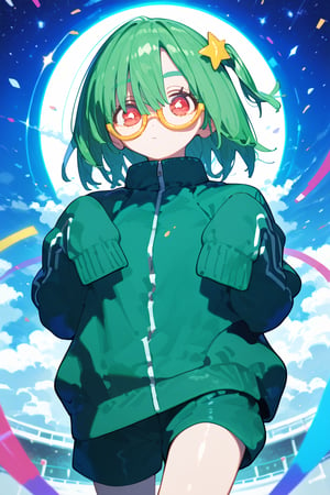 1girl, solo, looking at viewer,short hair ,hair ornament, red eyes, jacket, green hair, glasses, shorts, star \(symbol\), sleeves past wrists, one side up, semi-rimless eyewear, sleeves past fingers, track jacket, under-rim eyewear, star hair ornament, oversized clothes, yellow-framed eyewear
Click, class_room,

,Nira-Chan,Colorful art,Vivid Colors,spot_colors, score_9, score_8, score_7, score_6