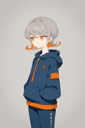 solo,1girl ,expressionless,((grey background, simple background)), upper_body,Nira-Chan,
, short-hair,multicolor_hair,two-tone-hair,(grey_hair),orange_hair,bangs,cowboy_shot,hoodie,pants,orange_eyes, watercolor,score_9_up,score_8_up, source_anime,