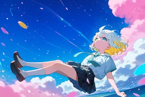 ,solo,1girl, short-hair, multicolor_hair, two-tone-hair, ((white_hair)), yellow_hair, bangs, dutch_angle, night, particles, pink sky, background detail, skirt, pleated_skirt, shirt,   necktie, short sleeves, school uniform, floating, falling, jumping,


,Nira-Chan,Colorful art,Vivid Colors,spot_colors, score_9, score_8, score_7, score_6