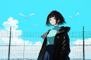 solo,1girl,short-hair,bangs,skirt,shirt,black hair, long sleeves, green eyes, standing,jacket, upper_body, pleated_skirt, outdoors, open clothes, hood, blunt bangs, black jacket, fence,


,Nira-Chan,Colorful art,Vivid Colors,spot_colors, score_9, score_8, score_7, score_6