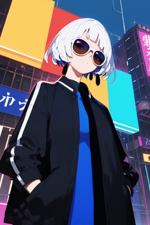 solo,1girl,short-hair,bangs,long_sleeves,blue_dress,short_dress,standing,jacket,white_hair,blunt_bangs,black_jacket,sunglasses,cowboy_shot,dutch_angle,


,Nira-Chan,Colorful art,Vivid Colors,spot_colors, score_9, score_8, score_7, score_6