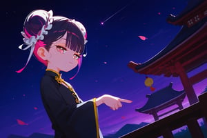 score_9_up,score_8_up, source_anime, (solo),1girl, vanishing point,atmospheric perspective, dutch angle,three quarter view,night,

 ,short hair, blunt bangs, black hair, closed mouth, pink eyes, purple hair, multicolored hair, two-tone hair,half closed eyes,skinny,hair_bun,double bun,chinese clothes,wide sleeves,pleated skirt,long sleeves,(shirt,black shirt),skirt,dress,


,Nira-Chan-StudyMe,scenery