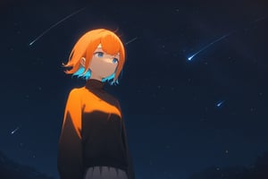 score_9_up,score_8_up, source_anime,solo,1girl ,Orange hair,expressionless,Nira-Chan,
, Nira-Chan-StudyMe,turtleneck,skirt, sky,night,shooting star,particles,focus_girl,upper_body,SelectiveColorStyle,colorpop glowing orange and blue